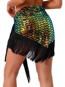 Women's Belly Dance Hip Scarf Sequins Mesh Tassel Fringe Triangle Lace-Up Skirt Waist Chain For Latin Flamenco Spanish Dance - Multicolor - View 2