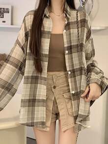 2025夏季新款格子衬衫女休闲宽松上衣上衣 - 卡其色 - 查看 10