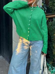 Women Y2k Crew Neck Cardigan Sweater Long Sleeve Button Down Solid Color Top Fall Casual Vintage Lightweight Knitwear - màu xanh lá - Xem 3