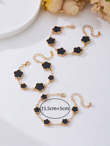 3pcs/Set Gelang Charm Klasik Mewah Berwarna Hitam & Clover untuk Wanita, Dapat Ditumpuk & Serbaguna untuk Musim Gugur/Dingin - Hitam - View 7