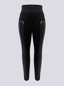 Quần legging da PU màu đen dáng rộng dành cho nữ, kiểu dáng thanh lịch, gợi cảm, có đường may tinh tế, kèm túi khóa kéo, thích hợp mặc hàng ngày trong bốn mùa, đi nghỉ mát, công sở, mùa thu, quần nữ mùa xuân. - màu đen - Xem 4