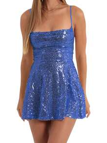 Women's Sequin Mini Dresses Summer Solid Color Sleeveless Spaghetti Strap Cami Dress - Dark Blue - View 6