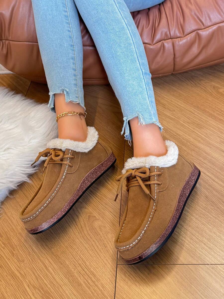 2025 Neue Plateau-Sohle mit rundem Zehenbereich, Retro-Keilabsatz, modische vielseitige Plattform-Winterstiefel mit Schnürung, flauschiger Kante, bequem und ermüdungsarm, Schlupf-On Schuhe für Frauen - Khaki - Übersicht 1