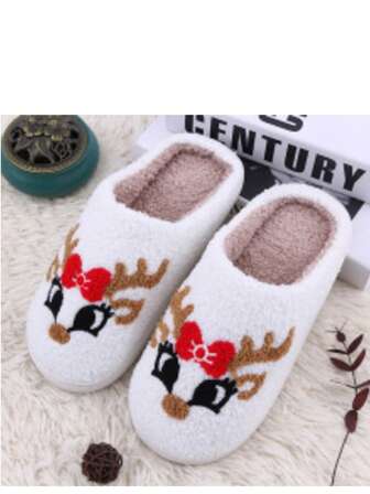 Christmas Beach Soft Plush Embroidered Home Christmas New Cute Cartoon Deer Thermal Slippers, Warm Thermal Slippers For Men And Women Couples