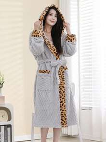 1pc Bathrobe, Loungewear, Sleepwear, Hooded, Pockets, Leopard Print Trim, 3D Texture, Fluffy, Soft, For Bathroom, Bedroom, Living Room, Pool, All Seasons Warm Winter Decor - Multicolor - View 3
