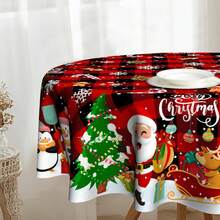 1 pieza - Mantel redondo con tema navideño, disponible en múltiples patrones. Con cabañas cubiertas de nieve, renos, muñecos de nieve, Papá Noel con regalos y elementos de copos de nieve. Hecho de poliéster, perfecto para decorar mesas de comedor y crear un ambiente festivo navideño.