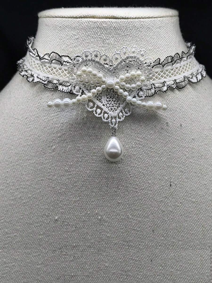 1pc White Lace Heart Pearl Bow Choker Necklace Collar Accessory - White - View 1