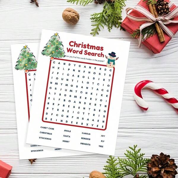 Jogo de quebra-cabeça de Natal com caça-palavras para o feriado Jogo de cartas divertido de Natal Jogo de Natal para a família para a véspera de Natal Suprimentos para festas de inverno Colegas de trabalho Atividade de feriado