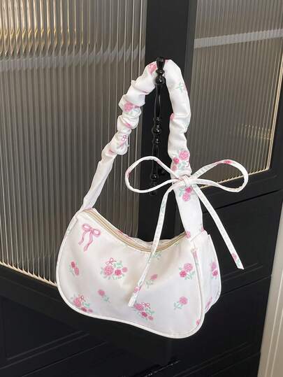 1pc New Floral Bow Print Shoulder Bag, Sweet & Versatile, With Zipper Closure And Comfortable Strap, Suitable For Outings And Various Occasions, Can Easily Accommodate Daily Necessities, A Fashionable Favorite That Goes With Everything.