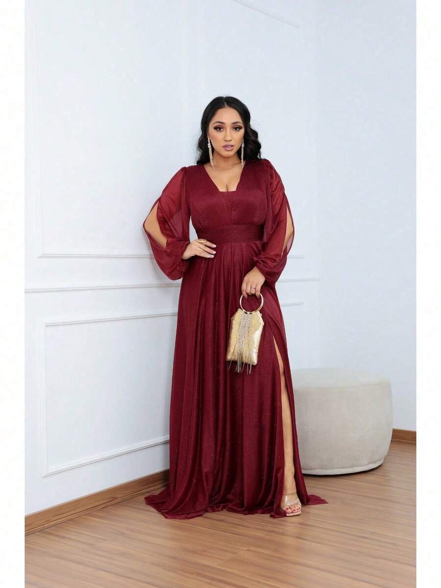 Women's Long Aurora Tulle Dress With Shiny Long Sleeves - 紅木色 - 查看 1