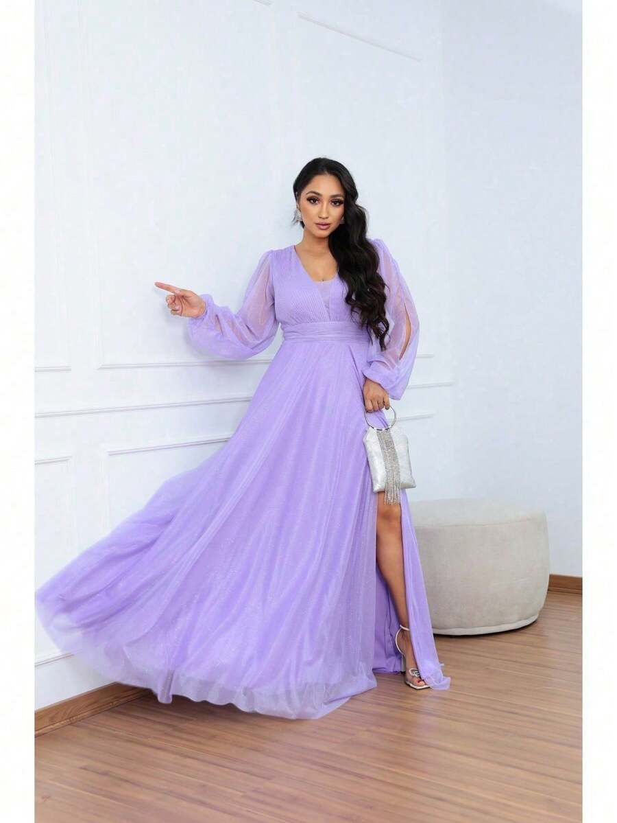 Women's Long Aurora Tulle Dress With Shiny Long Sleeves - 紫丁香 - 查看 1