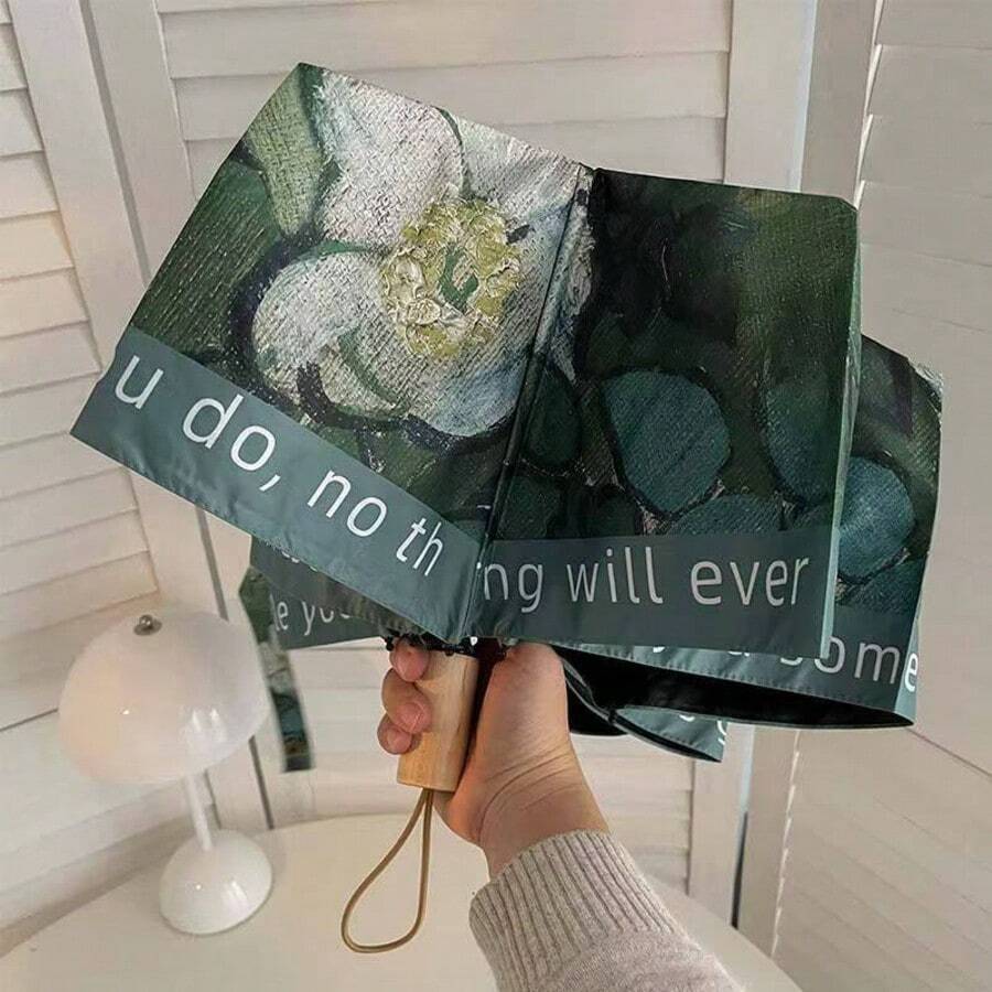 Premium Oil Painting Wild Rose Black Vinyl Sun Protection Portable Umbrella For Sun And Rain - Multicolor - View 1