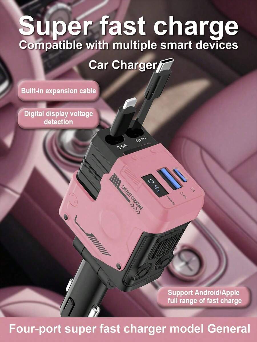 W&O 2025 Automotive Charger With Industrial Design, Ultra-Rapid 120W Vehicle Power Adapter Featuring Auto-Retracting 4-In-1 Multi-Device Cord (Ios/USB-C Compatible). Universal Compatibility For Ios 15/14/13/12/11, Galaxy & Pixel Models. Dual-System Support For IOS/Android Devices With Integrated Magnetic Mounting System. Car Accessories, Car Charger