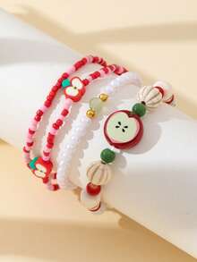 Three Pieces Cute And Sweet Red Apple Bracelet, Beaded And Pearl Combination Style, High-End Bracelet, Fashion Jewelry