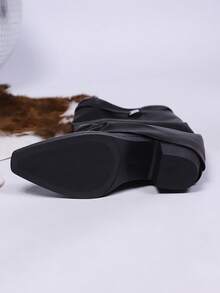 女式尖头皮革高跟踝靴，时尚简约休闲百褶套穿靴，适合秋季 - 黑色 - 查看 7