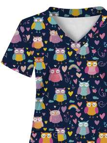 All-Over Print, Two Pockets, Nurse Uniform, Women's Clothing Professional Wear, Nursing, Dental, Beauty Salon, Healthcare Uniform, Women's Doctor Scrub Top, Short Sleeve Knit Fabric All Seasons - Multicolor - View 4