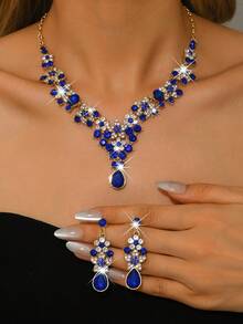 2pcs Luxury Rhinestone Jewelry Set, Including Necklace And Earrings, Blue And Red Colors - 1731 Royal Blue Suit - View 5