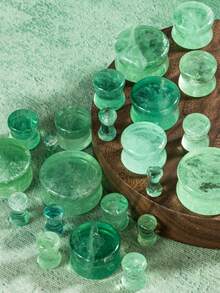 1 Pair Fashionable Bohemian Retro Rock Style Green Fluorite Ear Gauges, Unisex Piercing Jewelry Suitable For Daily Wear And Gatherings, Great Gift - Ear Gauge - View 2