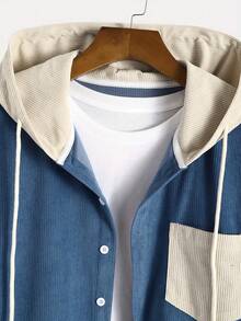 Fashionable Corduroy Fabric Simple Fashion Plus Size Men's 2 Pieces Set, Hooded Contrast Button Cardigan With Drawstring And Slant Pockets, Casual College Style Suitable For Daily Wear, Spring/Autumn/Winter New Arrival Long Sleeve Hoodie 2 Pieces Set