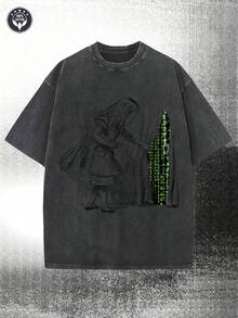 230g Water Washed, Green Printed Men's T-Shirt For Girls Opening Curtains, High-Quality Wax Printed Cotton All Season Casual T-Shirt, Perfect Gift For Streets Or Outdoors, Holiday - 黑色 - 查看 1