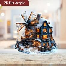 1 pieza Decoración de molino de viento navideño en 2D - Estilo molino de viento holandés, sin necesidad de electricidad - Decoración plana de acrílico para escritorio o colgar, adecuada para el hogar, la oficina, el alféizar de la ventana - Atmósfera de pueblo invernal retro, regalo de Navidad ideal, acento de mesa festiva, encanto de cuento de hadas, excelente artesanía, 2D plano