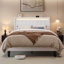 Allewie Full/Queen/King Size LED Bed Frame With Charging Station, Velvet Upholstered Platform Bed With Geometric Wingback Headboard, Modern Frame With No Box Spring Needed, Easy Assembly, White - View 2