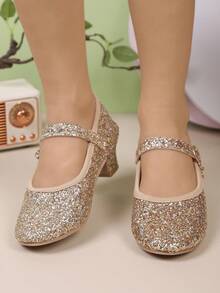 Girls' Shiny Round Toe High Heel Shoes, Casual Versatile Princess Shoes For Students, Suitable For Performances, Autumn