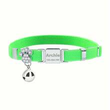 1pc Personalized Cat Collar With Engraved Stainless Steel Name Tag, Customizable Name And Phone Number, Elastic Paw Print Collar With Rhinestone Bell Pendant - Multicolor - View 17
