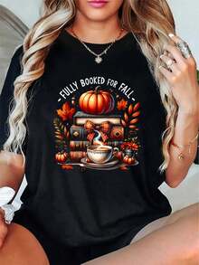 Fully Booked For Fall Books Pumpkin Autumn Thanksgiving T-Shirt - Autumn Women's 100% Cotton Short-Sleeved, Thanksgiving And Halloween Maple Leaf Pattern T-Shirt - Black - View 1