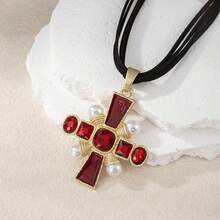 1Pc Bohemian Retro Cross Pendant Necklace With Turquoise Red Crystals, Multi-Layered Korean Velvet Cord, Suitable For Daily Wear, Ideal As Halloween, Christmas Birthday Gifts
