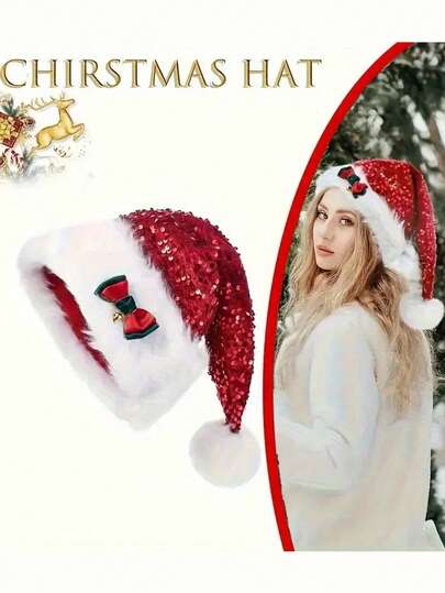 1pc Winter Holiday Party Polyester Christmas Sequin Hat, With Bow And Pom-Pom, Non-Elastic Design, No Feathers, Hand-Washable, Suitable For Women To Wear, Perfect For Christmas Holiday Celebration Decoration, Christmas Party Cosplay