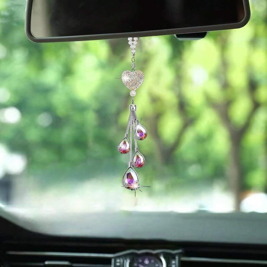 1pc Sparkling Heart-Shaped Crystal Car Accessory, Crystal Car Rearview ...