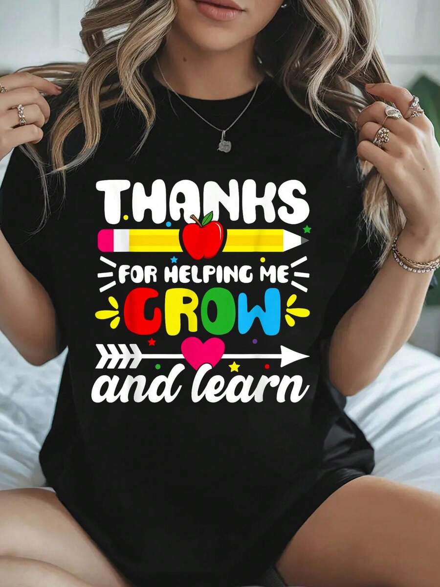Thanks For Helping Me Grow And Learn Teacher Thank You Quote T-Shirt - Black - View 1