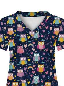 All-Over Print, Two Pockets, Nurse Uniform, Women's Clothing Professional Wear, Nursing, Dental, Beauty Salon, Healthcare Uniform, Women's Doctor Scrub Top, Short Sleeve Knit Fabric All Seasons - Multicolor - View 3
