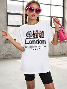 Youngsters' London Travel Cotton Round Neck T-Shirt, White Casual Style Description Tee With Union Jack Flag, London Skyline, Regular Length,Cityscape Theme Art Print Tops, Cute And Funny Style, Travel, UK Fashion, Modern, Stylish. - 白色 - 查看 3