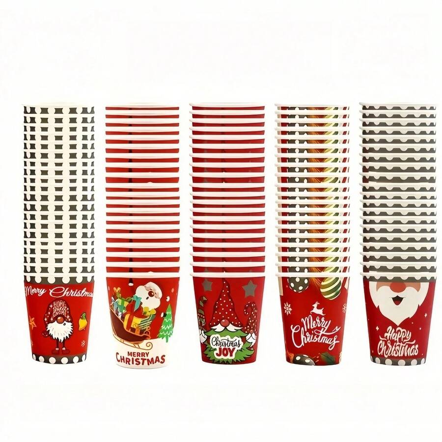 50 piezas Tazas de papel de 9 onzas para chocolate caliente o café de Navidad, con diseños de Papá Noel, muñeco de nieve y renos en 5 patrones festivos, ideales para fiestas navideñas, Año Nuevo, oficina o regalos, de gran capacidad y aptas para bebidas calientes y frías