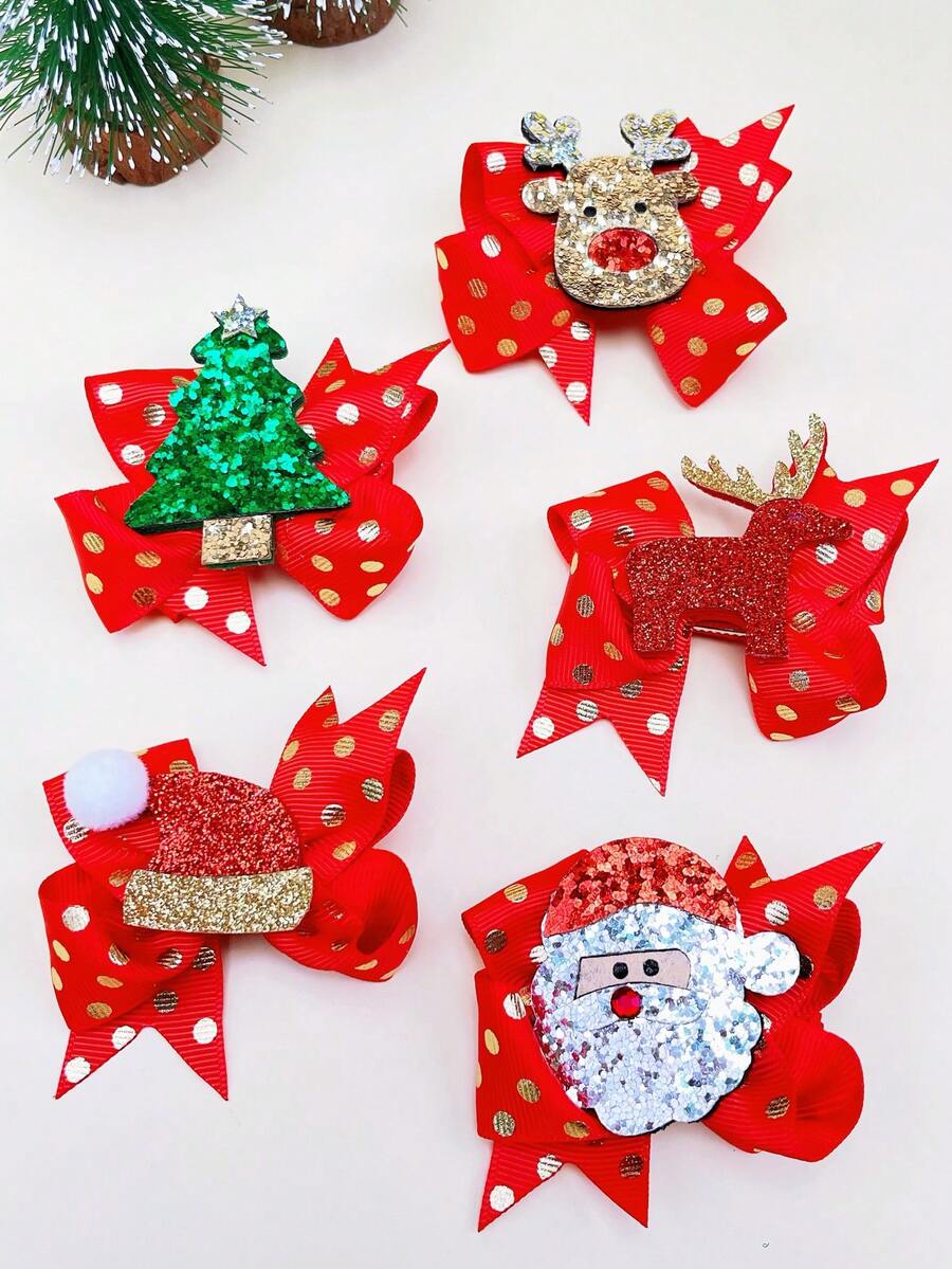 5pcs/Set Metallic Dot Pinwheel & Bow Christmas Girl Hair Clips, Multicolor Glitter Reindeer & Bow Children Hair Accessories, Suitable For Christmas Atmosphere, Holiday Outfits, Party Gifts