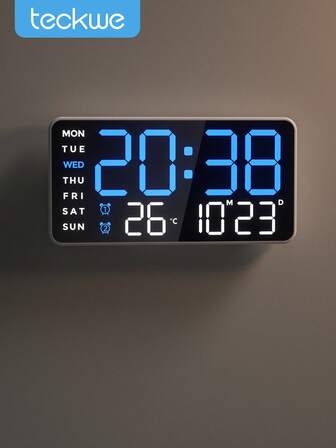 Teckwe Large Digital Wall Clock With Temperature, Calendar, Alarm And Night Light, Big LED Display, RGB Color, Clock For Wall, Room Decor, Home Bedroom Decor Gifts