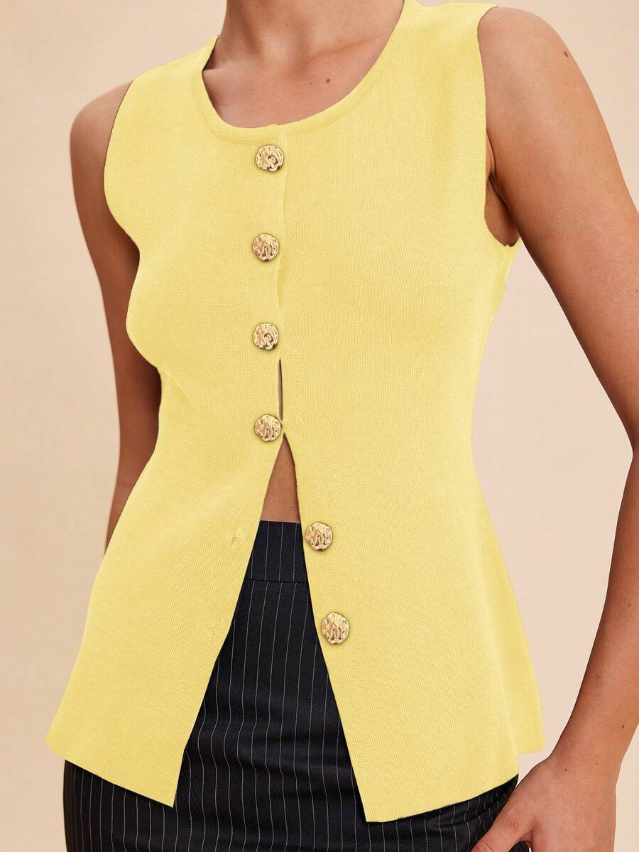 Vintage Chic Fashionable Elegant Metal Button Open Front Solid Color Sleeveless Round Crew Neck Business Jacket Work Waistcoat Slim Modest Minimalana Casual Top Tank Knit Vest Sweater For Women - Yellow - View 1