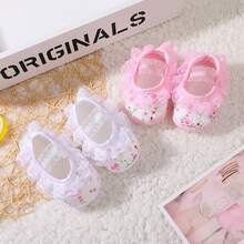 Newborn Baby Lace Princess Shoes Flower Pure Color Non-Slip Frilly Soft Elegant Sneaker - White - View 5