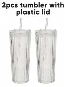 2pcs 4pcs 24oz Cute Iced Coffee Glass Cup Set With Plastic Lid And Glass Straw, Large Simple Stripe Clear Water Glass Tumbler With Bamboo Lid And Straw, Suitable For Juice Ice Cream Milk Tea, Perfect Gift - 2pcs tumbler with plastic lid - 查看 10