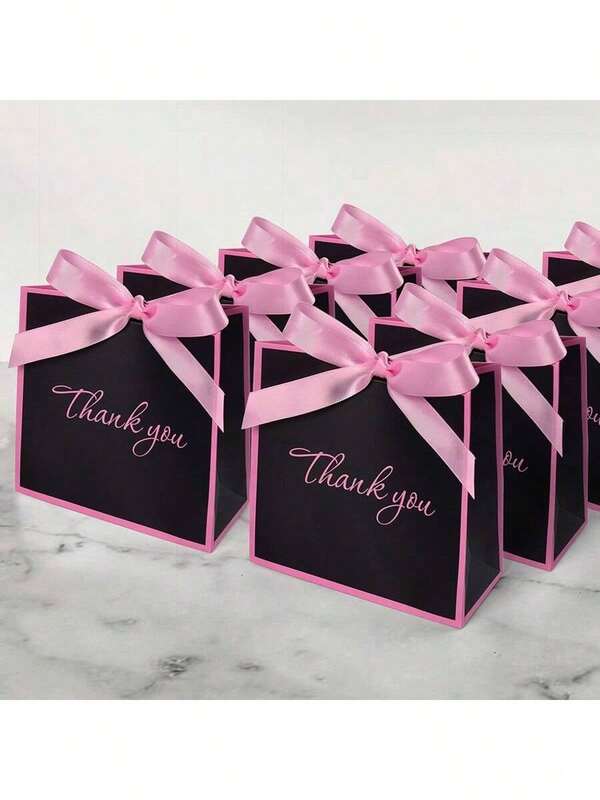 10 piezas Bolsas de regalo minimalistas en negro y rosa con asa de lazo de bufanda, bolsas de regalo pequeñas