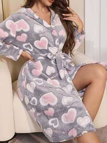 1pc Cozy Women's Winter Robe - Long Sleeve Hooded Robe With Adjustable Drawstring Waist, Heart Pattern Sleepwear In Pink/Gray, Machine Washable Lounge Gown For Home & Gifts - Multicolor - View 3
