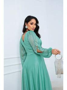 Women's Long Aurora Tulle Dress With Shiny Long Sleeves - 薄荷綠 - 查看 5