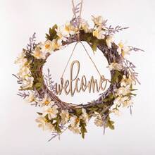 1 pièce Couronne de fleurs artificielles, décoration florale de porte d'entrée pour les quatre saisons, couronne de fleurs artificielles avec panneau de bienvenue, convient pour la décoration de la maison, accrocher au mur, à la porte, à la fenêtre de la ferme