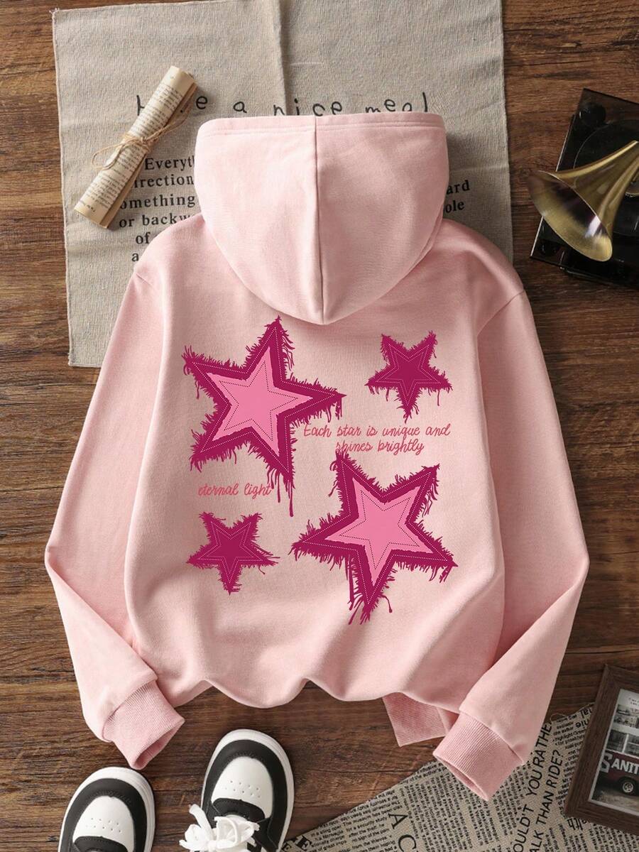 一件少女加厚保暖星形印花卫衣，适合年轻学生穿着，秋冬季长袖上衣，Y2K/休闲/时尚/日常/街头/度假/校园/少女/可爱风格 - 粉色 - 查看 1
