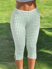 Womens Gingham Split Leggings Lace Low Rise Elastic Waist Skinny Capri Pants - Green - View 1