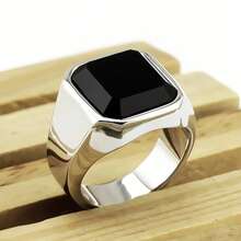 Fashion Simple Men's Ring Silvery 201 Stainless Steel Inlaid Black Synthetic Synthetic Gems Ring Companion Ring With Synthetic Synthetic Gems Seal Ring Friendship Ring - 銀色 - 查看 3