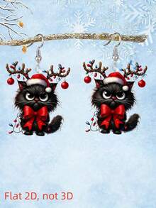 Boucles d'oreilles pendantes de chat noir de Noël 2D, design avec éclairage coloré et nœud, sans alimentation électrique, impression acrylique plate recto-verso, boucles d'oreilles de Noël légères et mignonnes en dessin animé, cadeau parfait pour Halloween, Thanksgiving et Noël pour les filles et les femmes, accessoire de mode adorable pour toute occasion
