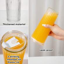2pcs 4pcs 24oz Reusable Water Tumbler Glass Drinking Juice Coffee Tea Cup Set With Plastic Lids And Glass Straw, 700ml Glass Iced Coffee Cup With Lids And Straws For Smoothie Juice Drinks, Elegant Simple Restaurant Hotel Service Glass Drinkware Set - 4pcs tumbler with plastic lid - 查看 4